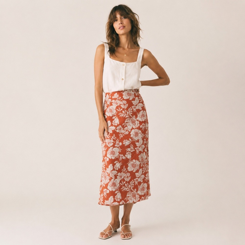 Old Navy Linen Blend Pull On Midi Skirt Slit Hem Sz L